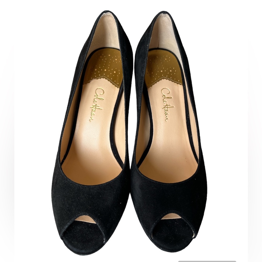 Cole Haan black suede peep toe pumps heel size 7.5 B Nike Air - Picture 3 of 8